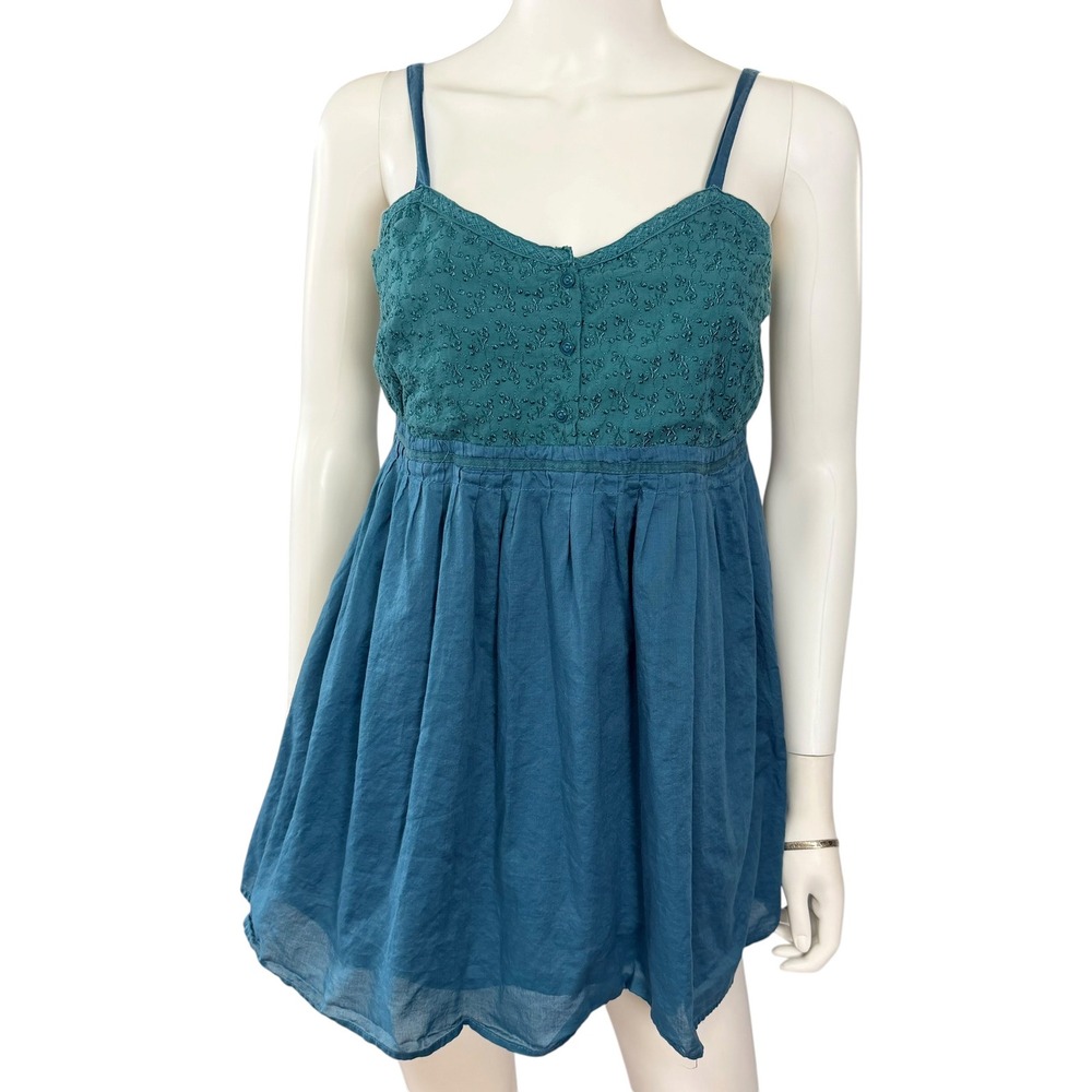 Embroidered Smocked Babydoll Tank Top Pleated Boho Cottagecore Summer Resort S